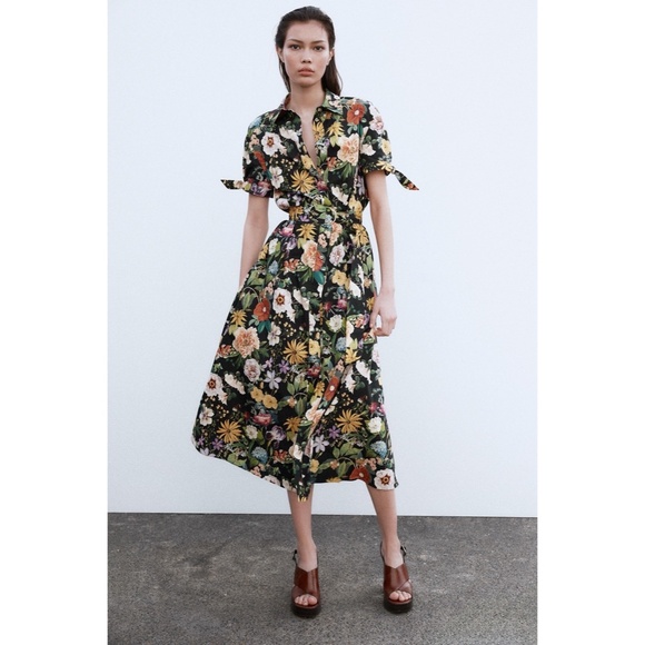 NWT!! ZARA Black Floral Print Poplin Midi Dress Belted Shirtdress Pockets Medium - Picture 1 of 16
